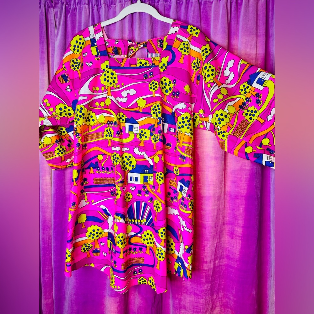 VTG Design House Japan Neon Hippie Trees Pink Yellow Blue Tie Back Sm/Md Mod